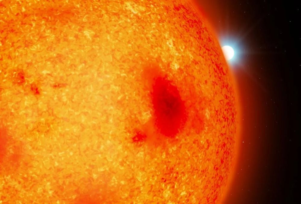 This artist's illustration shows a white dwarf and its much larger red dwarf binary companion. Astronomers have four more of these binary stars in the Sun's neighborhood. They're called post-common-envelope binaries, and they're hard to detect because the bright red dwarf hides the white dwarf from telescopes. Image Credit: Mark A. Garlick/University of Warwick