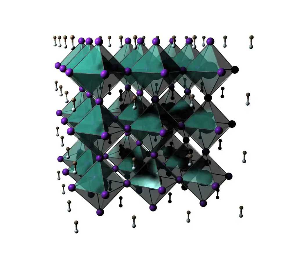 Detailed 3D model of a perovskite crystal lattice used in photovoltaic technology.