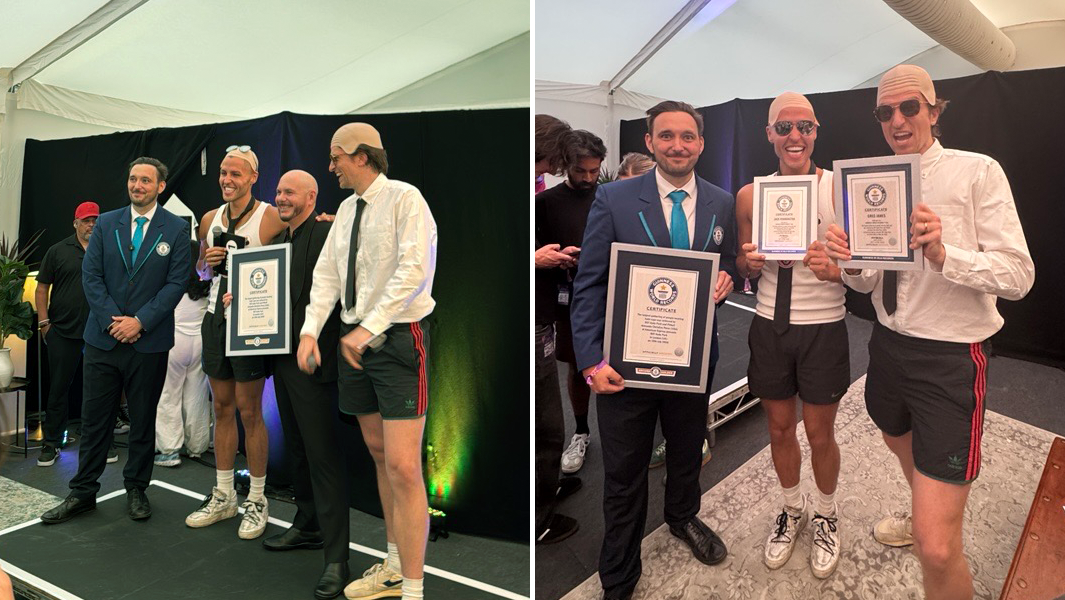 Split image of a Guinness World Records adjudicator standing with Pibull, Greg James and Jack Remmington, alongside a picture of just the adjudicator with Greg and Jack holding Guinness World Records certificates
