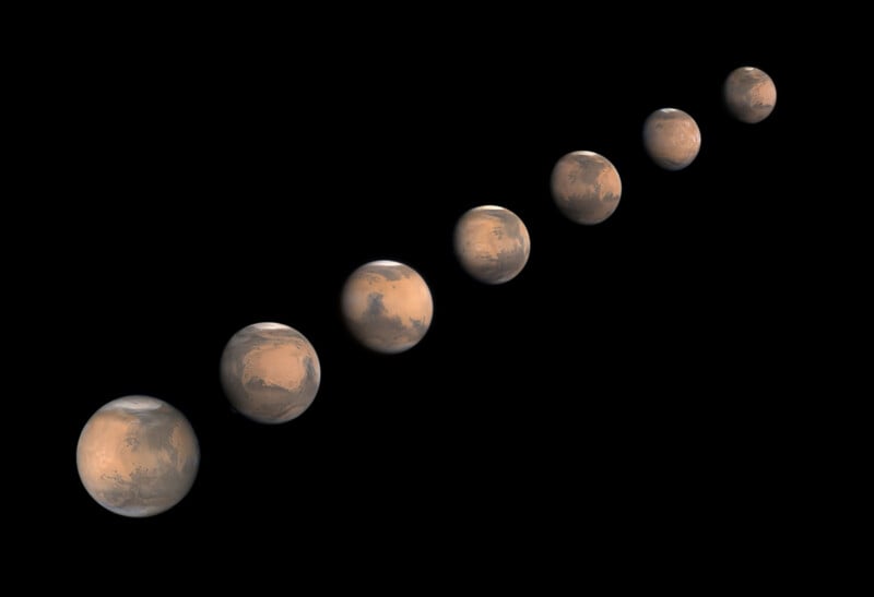 Seven images of the planet Mars are arranged diagonally across a black background, each showing different angles and surface details of the planet’s reddish surface and polar ice caps.