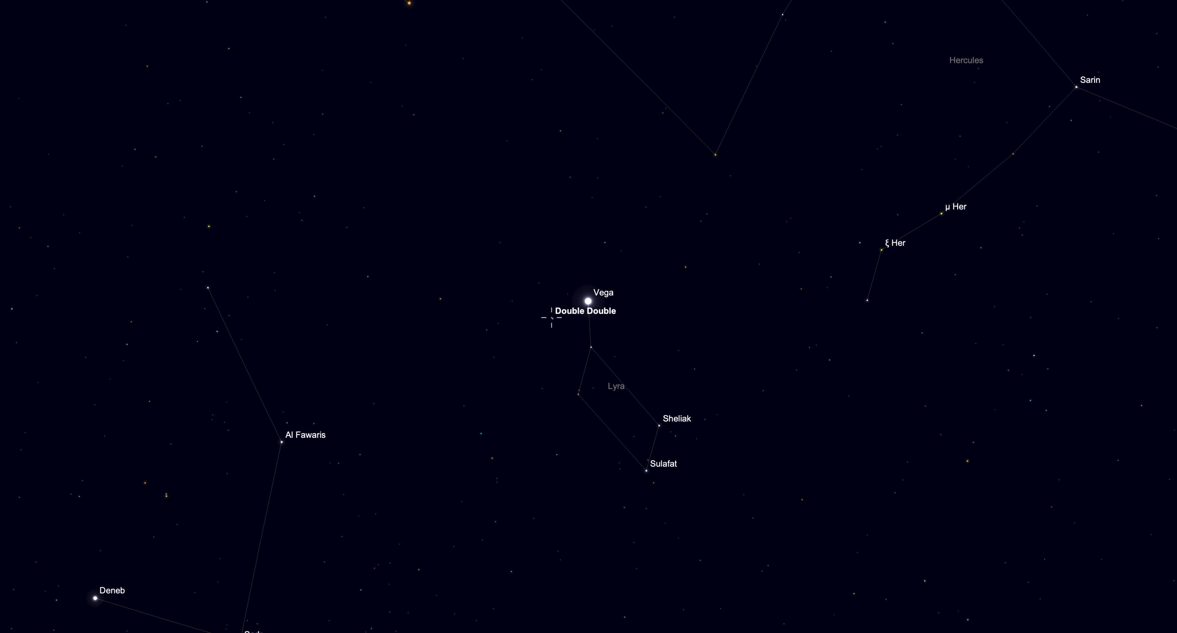 Star chart showing Vega and the nearby Double-Double star system (Epsilon Lyrae) in the constellation Lyra.