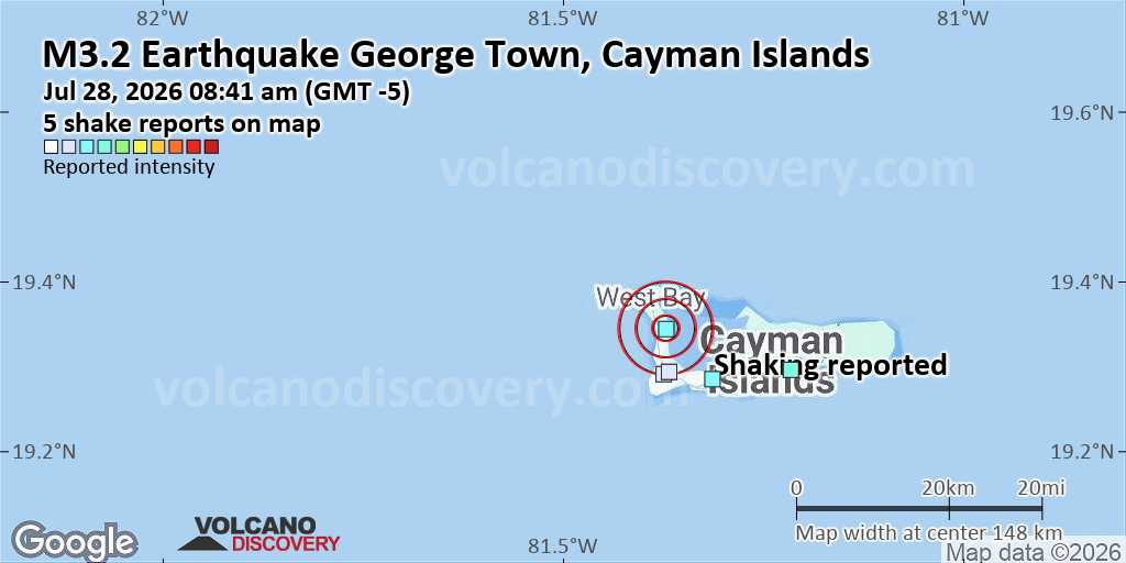 Unconfirmed quake or seismic-like event reported: 6.4 km north of George Town, George Town, Cayman Islands, 15 minutes ago