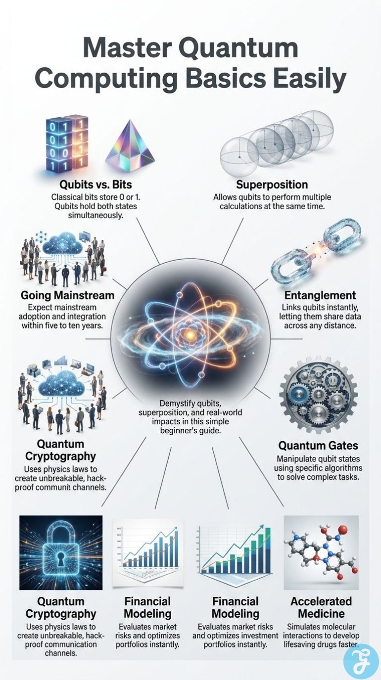 Beginner friendly infographic covering qubits, quantum gates, cryptography, financial modeling, medicine, and mainstream adoption.