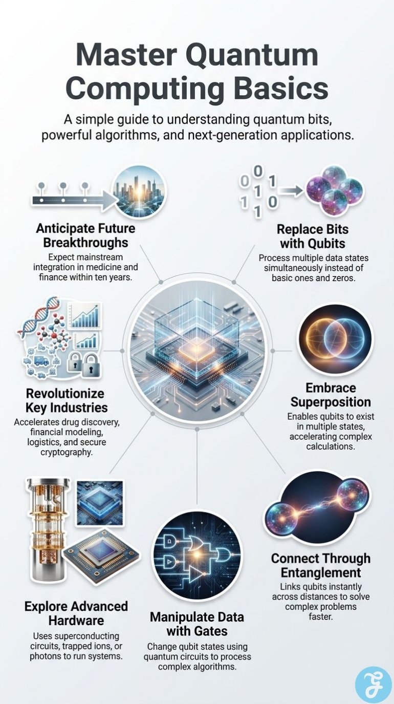 Infographic explaining qubits, superposition, entanglement, quantum gates, hardware, and future applications for beginners.