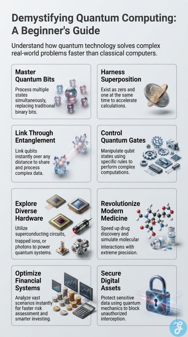 Infographic showing how quantum computing supports medicine, finance, cybersecurity, advanced hardware, and complex calculations.