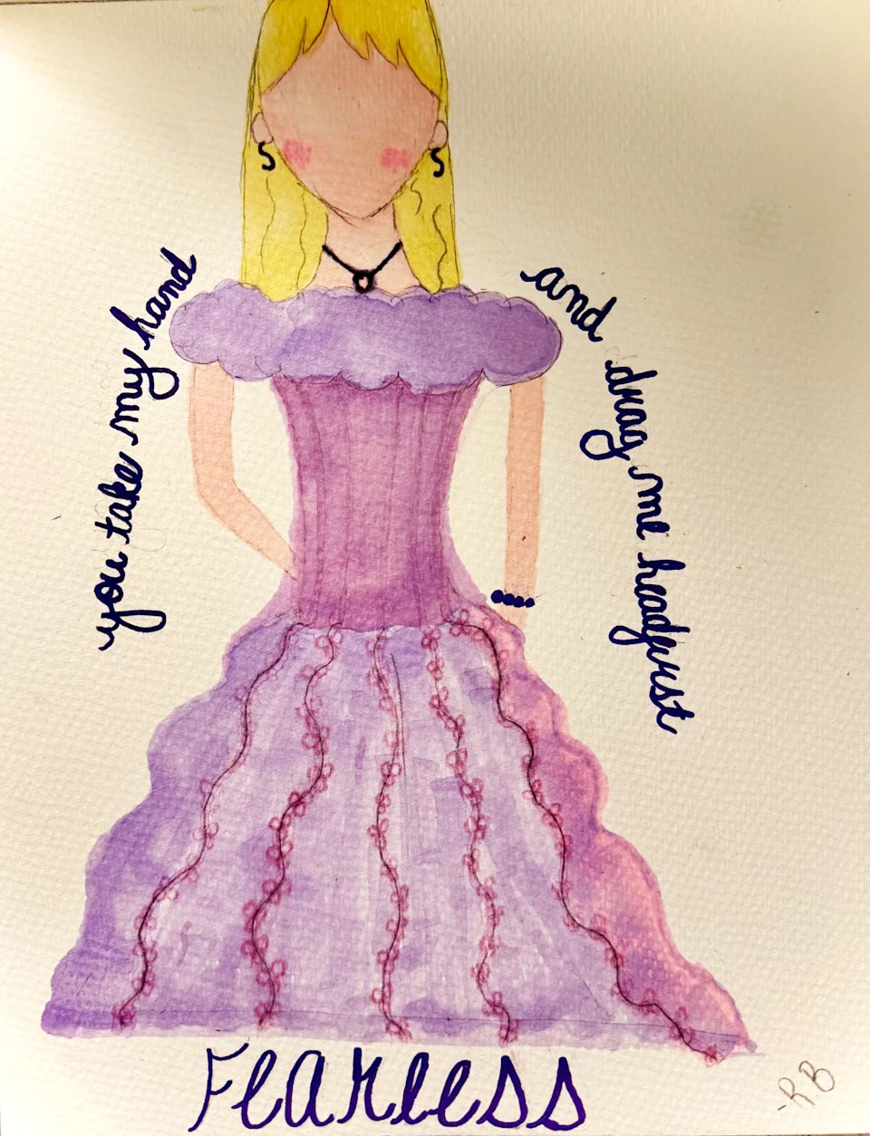 An illustration of a lavender wedding gown on a faceless blonde figure.