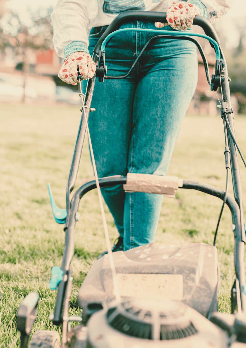 retro filter of a person mowing a lawn