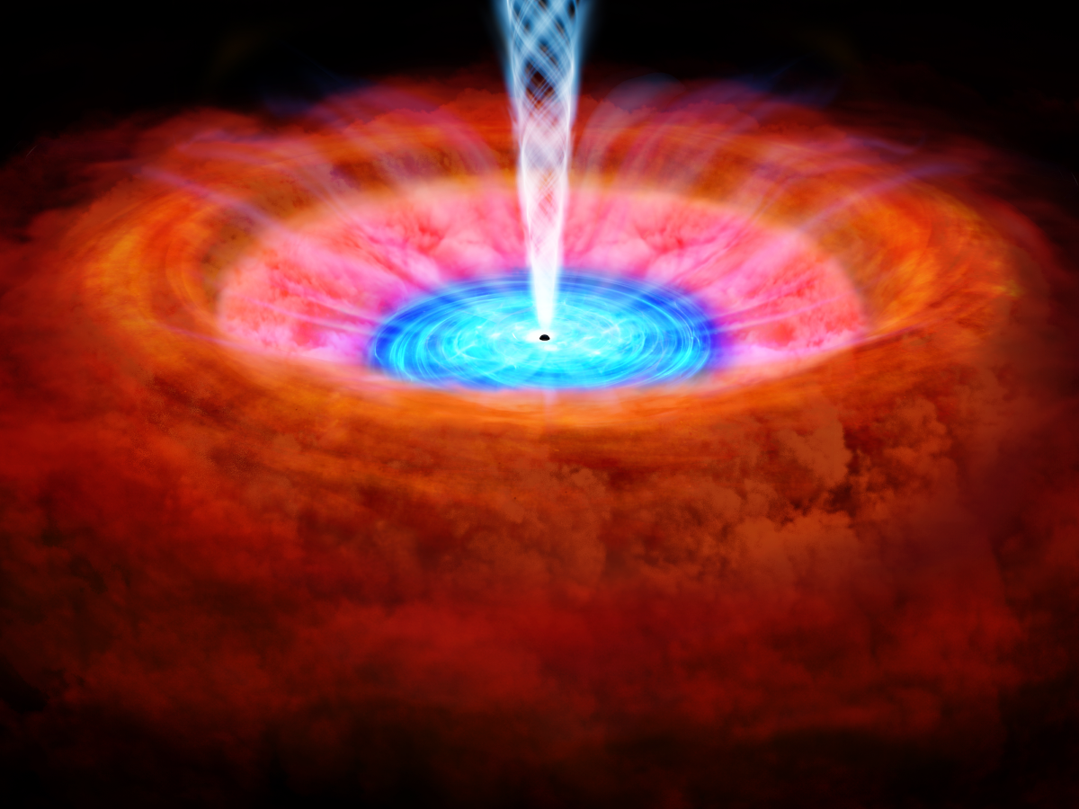 The accretion disk of NGC 4151 is shown in blue, immediately surrounding the galaxy’s central black hole. Scientists, including University of Michigan astronomers, are showing how winds or outflows from the accretion disk reshape its host galaxy. The winds are shown as wispy light blue lines blowing across the more orange clouds surrounding the black hole. Image credit: JAXA (Used under a CC BY 4.0 INT license)
