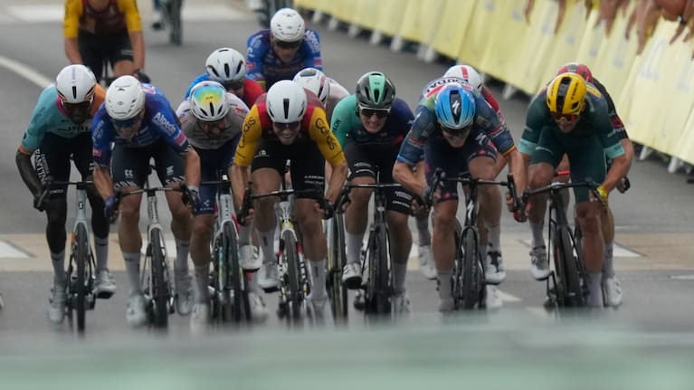 Riders sprint to the finish line of the twelfth stage of the Tour de France cycling race with start in Circuit Nevers Magny-Cours and finish in Chalon-sur-Saone, France.