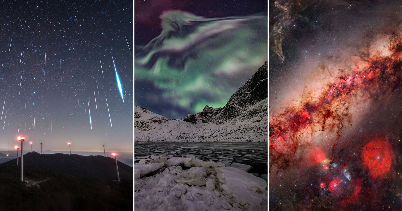 A triptych showing meteor streaks over wind turbines, colorful northern lights above a snowy mountain and icy lake, and a detailed view of a red-tinted galaxy in outer space.
