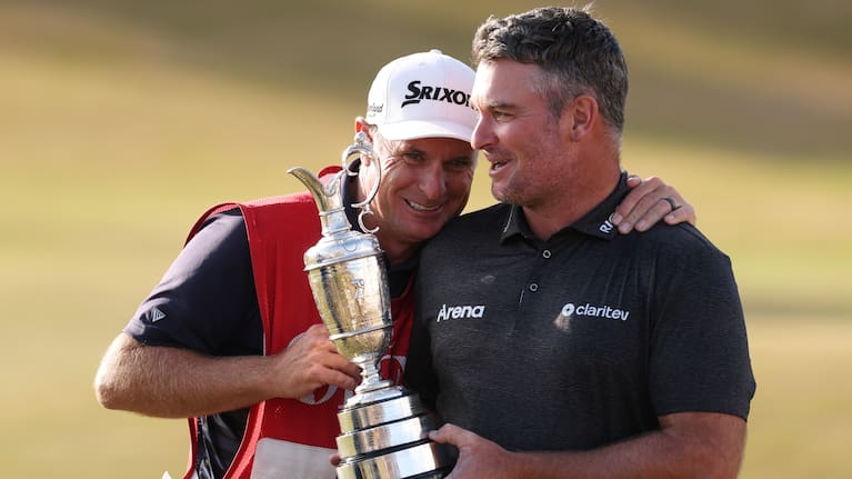 Ryan Fox and caddie Dean Smith celebrate victory.