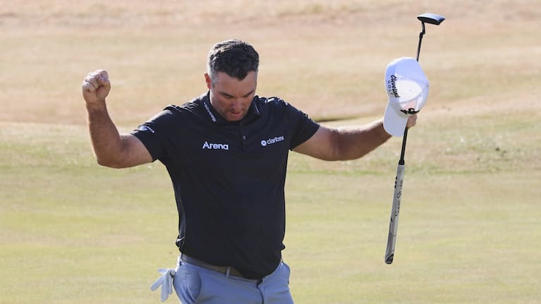 Ryan Fox of New Zealand celebrates on the 18th green after winning the British Open Golf championships at Royal Birkdale golf club, in Southport, England.