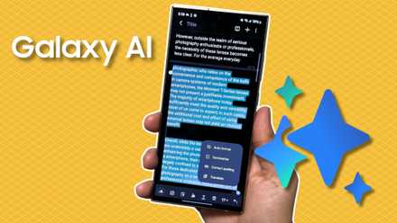 Samsung Galaxy S24 Ultra with Galaxy AI icon and yellow gradient background