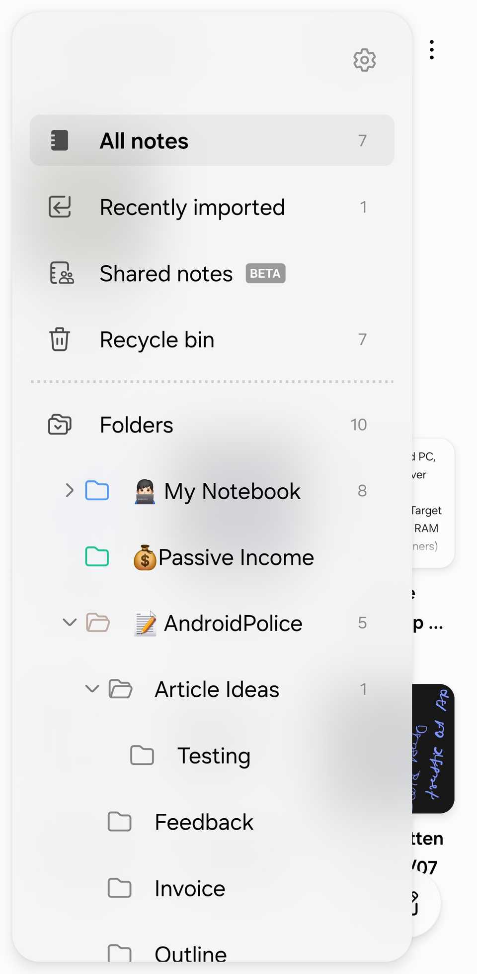 A screenshot showing the hamburger menu on Samsung Notes