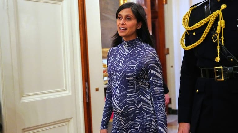 Second lady Usha Vance arrives at a women's history month event in the East Room at the White House, March 12, 2026, in Washington.