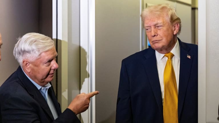 Senator Lindsey Graham, R-S.C., left, gestures as US President Donald Trump speaks with reporters while in flight on Air Force One, Jan. 4, 2026.