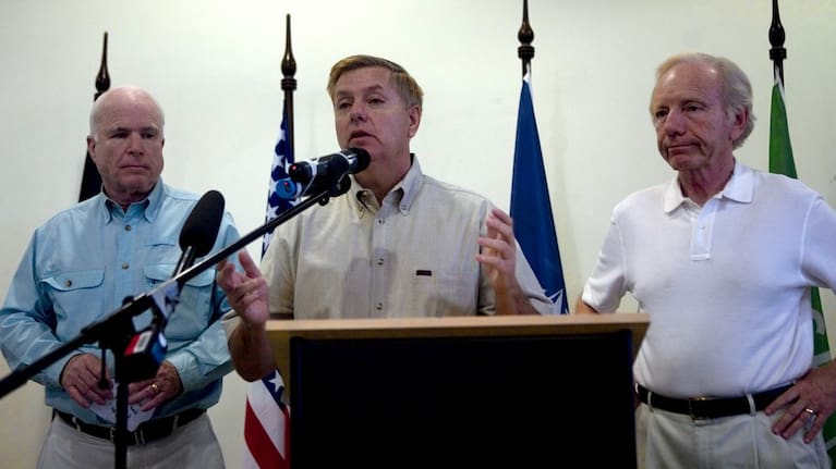 Senators John McCain, R-Ariz., from left, Lindsey Graham, R-S.C., and Joseph Lieberman, I-Conn., attend a press conference, July 5, 2010 in Kabul, Afghanistan.