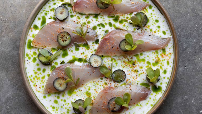 Sherwood's starter of trevally, crudo, blueberry, buttermilk and tarragon.