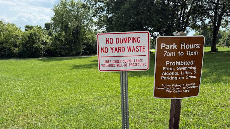 Signs are posted inside the Riverside Dr Scioto Fishing Area on Tuesday, July 21, 2026, in Powell, Ohio.