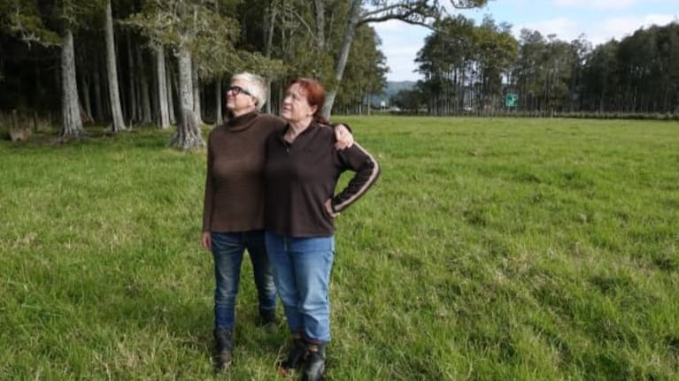 Sisters Heather Jean Bryham, left, and Linda Bryham. The current State Highway 1, in the background, passes between the two largest remaining stands of kahikatea.