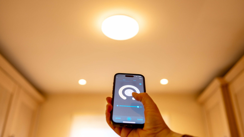 A hand holds a smartphone running a mobile app to adjust the brightness of a circular ceiling light.