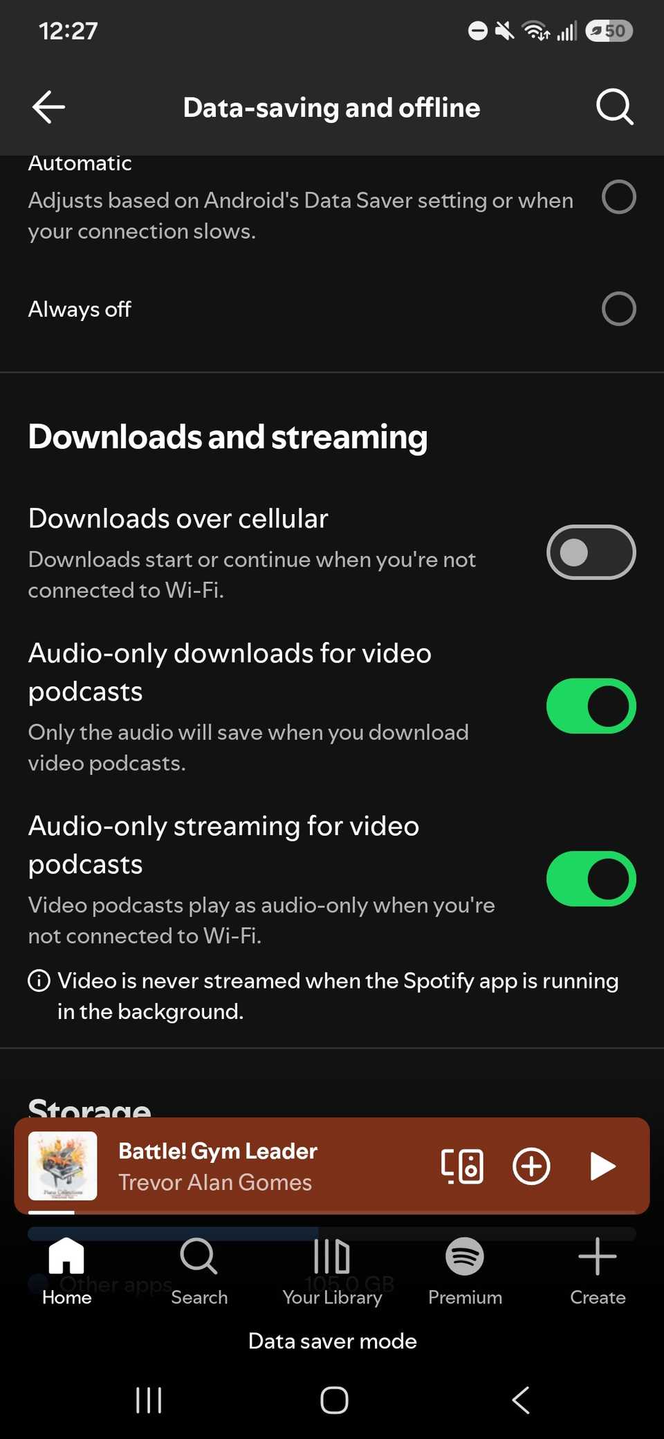 Three toggles under Downloads and streaming for data saving in the Spotify app