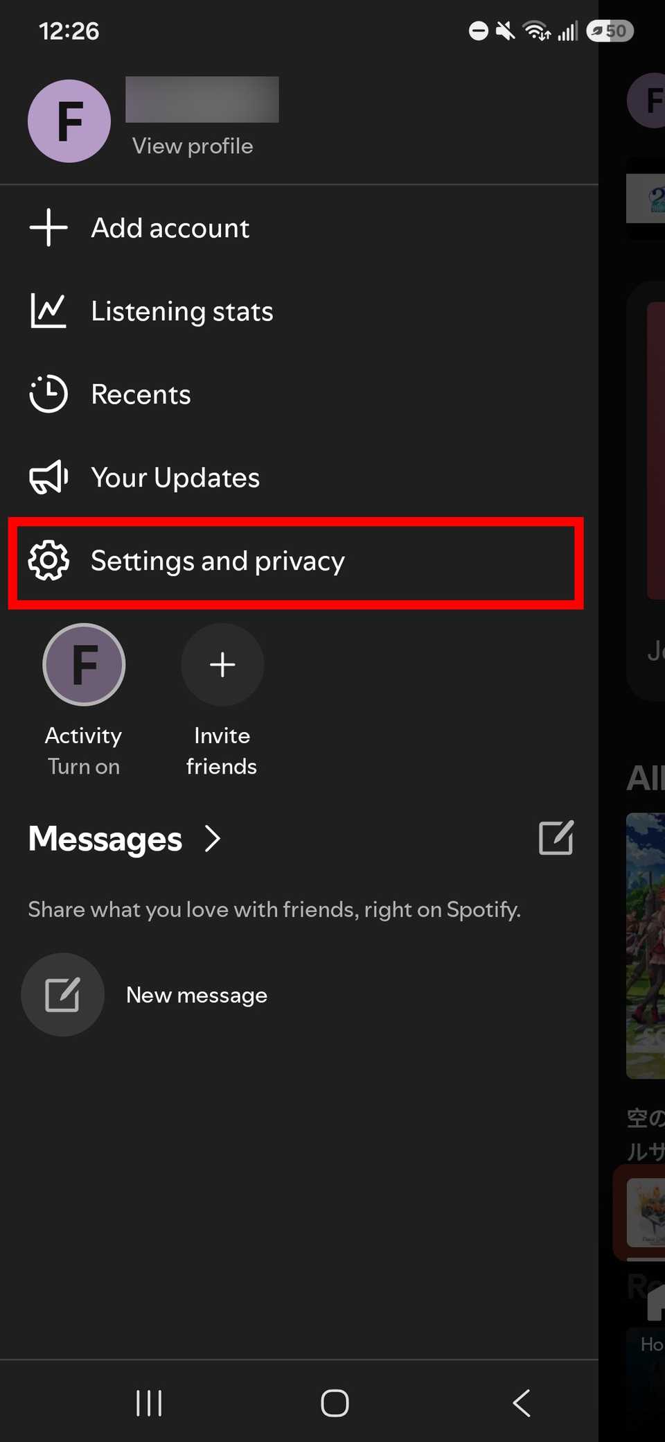 Red rectangle outline Settings and privacy on the Spotify app under profile icon