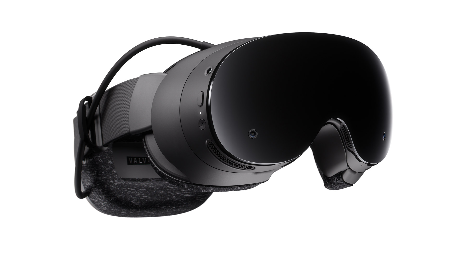 Valve Steam Frame standalone VR headset shown at a three-quarter angle with the Valve logo on the head strap