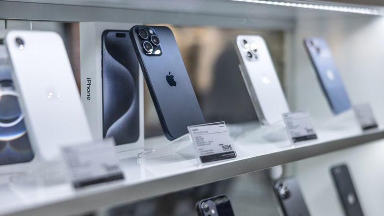line of smartphones in a store