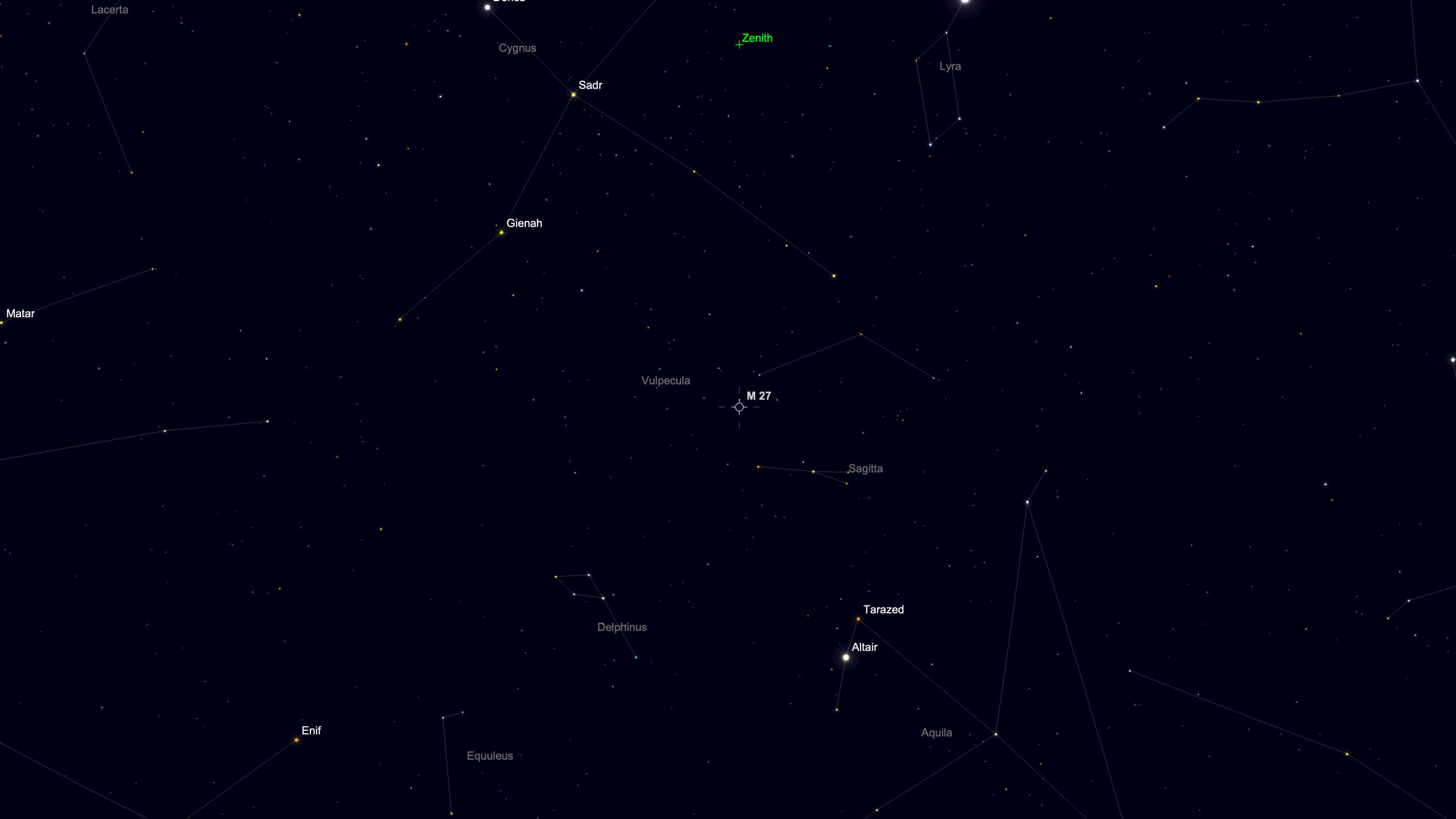 A starchart for Aug. 29 showing the location of the Dumbbell Nebula in a black simulated night sky between the stars of the constellations of Cygnus and Aquila.