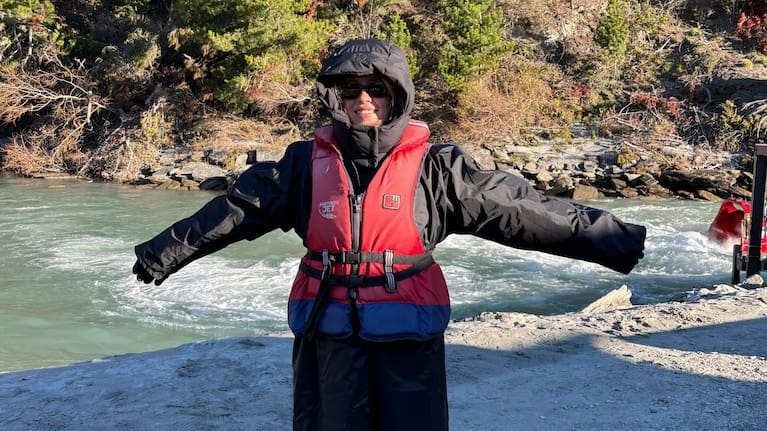 Sweeney rides one of the Shotover Jet's well-known red boats on the Shotover River.