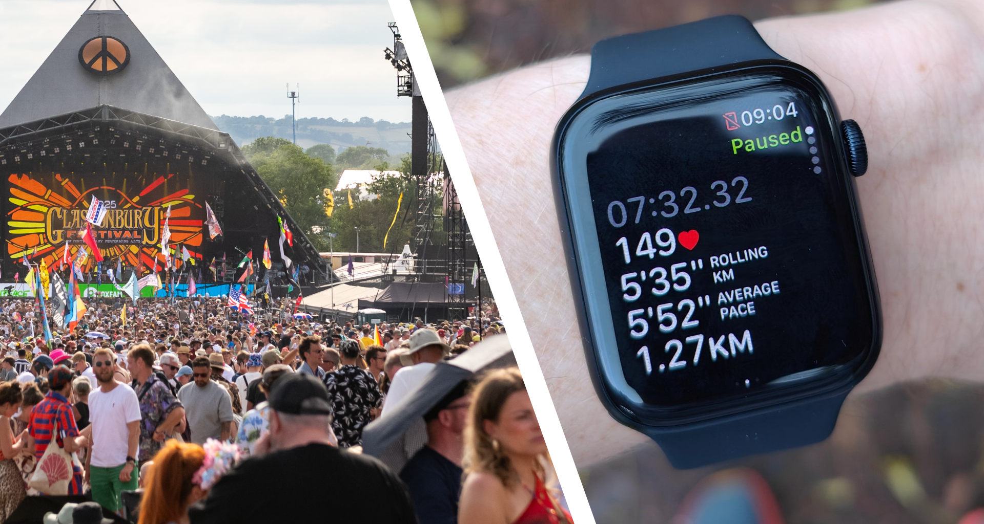 Festival-goers in front of Glastonbury stage, and an Apple Watch