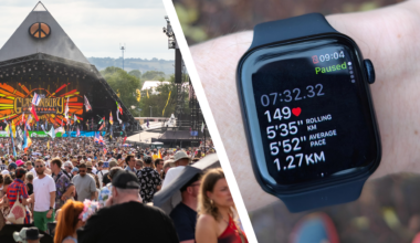 Festival-goers in front of Glastonbury stage, and an Apple Watch