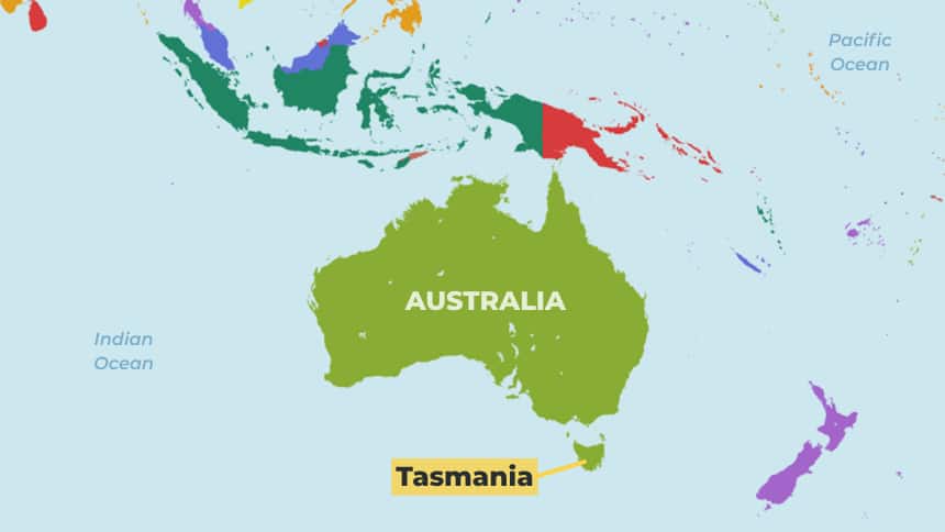 A map of Australia, showing the location of the island state of Tasmania.