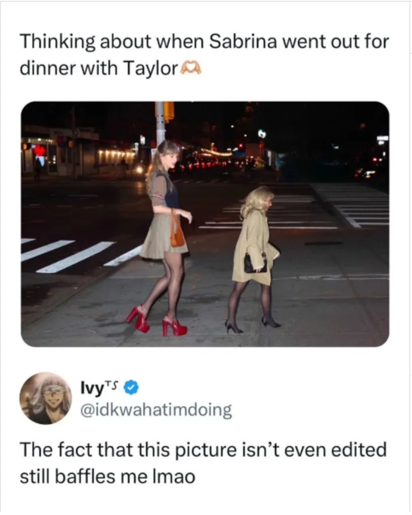 A viral Instagram post marvelling that the photo of Sabrina Carpenter and Taylor Swift wasn't ai generated 