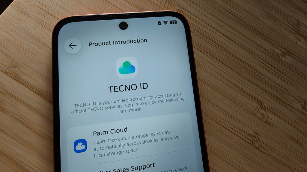 Screenshot of a TECNO mobile device display showing the 'Product Introduction' screen for TECNO ID with features like Palm Cloud and Sales Support information.