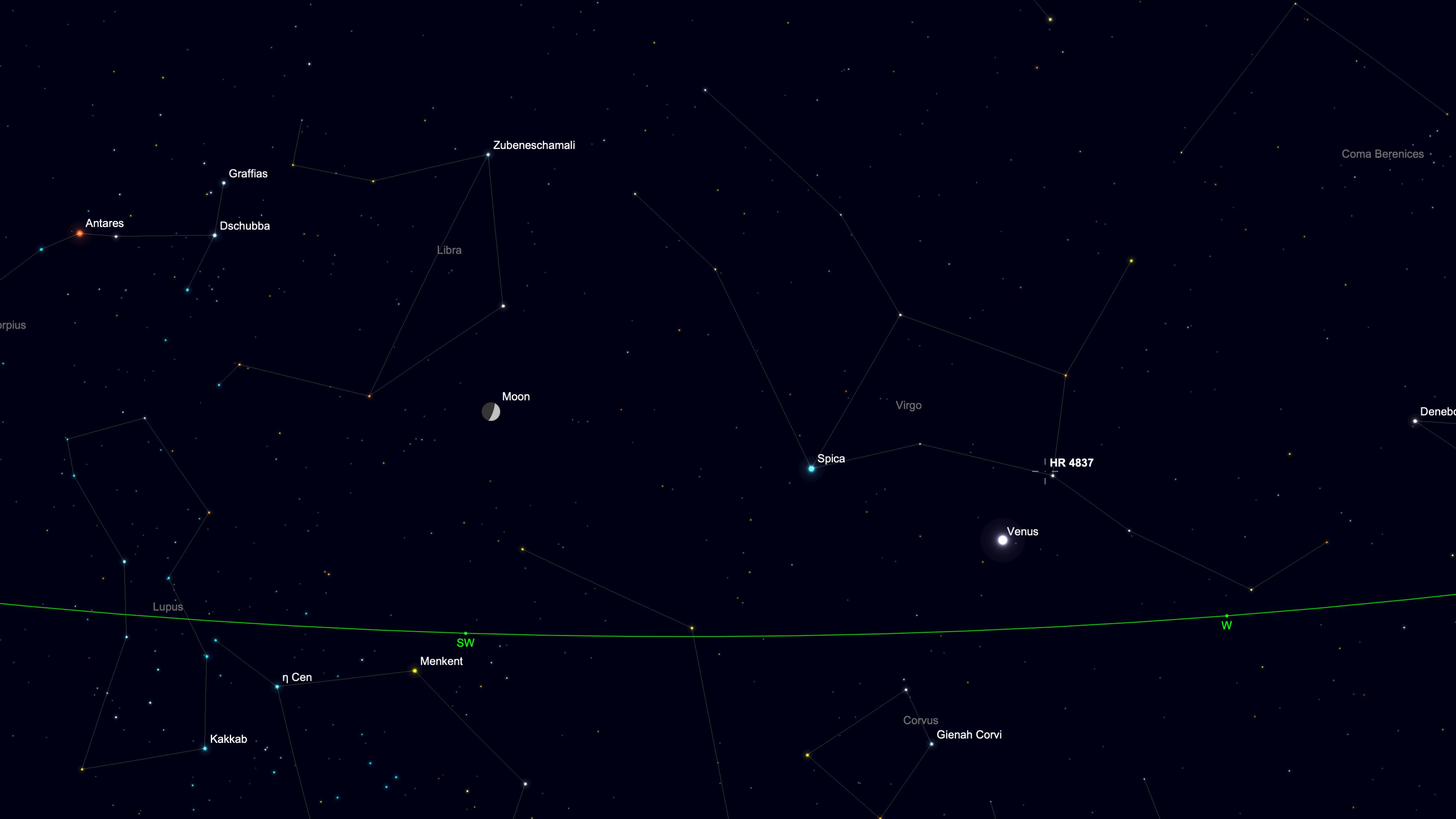 A starchart for Aug. 18 showing the waxing moon to the left of the bright star Spica with Venus lining up beyond in a black simulated night sky.