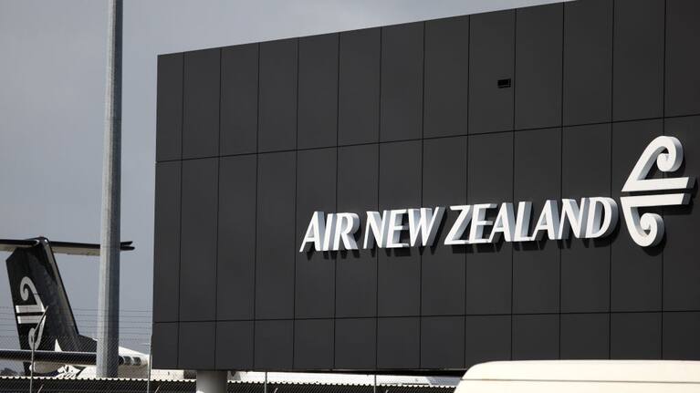 The Air New Zealand ltd. logo on a building at Auckland Airport.