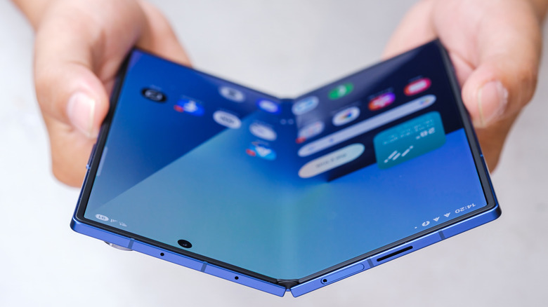 A Samsung Galaxy Z Fold7 opened outwards.