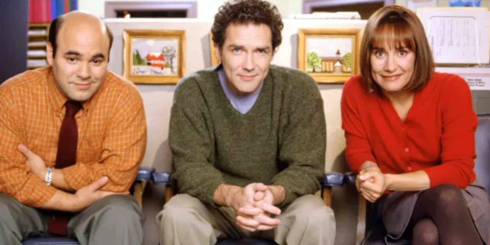 Ian-Gomez as Danny Sanchez, Norm Macdonald as Norm-Henderson, and Laurie Metcalf as Laurie Freeman in 'The Norm Show.'