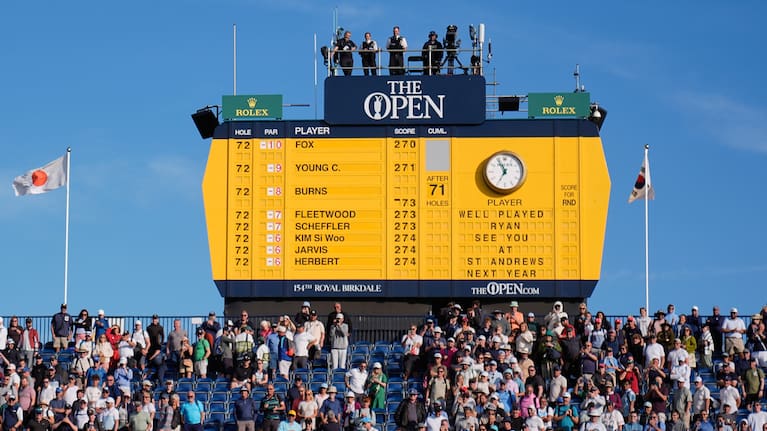 The official score board over the 18th green congratulating Ryan Fox of New Zealand for winning the British Open Golf championships at Royal Birkdale golf club