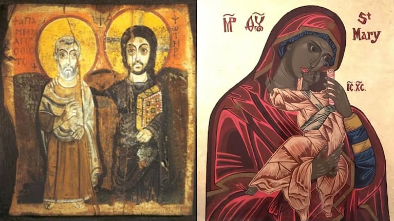 The two icons taken from St Peter's.  On the left  Icon of Christ and Abbot Mena, and on the right Mother of Mercy and Compassion. 