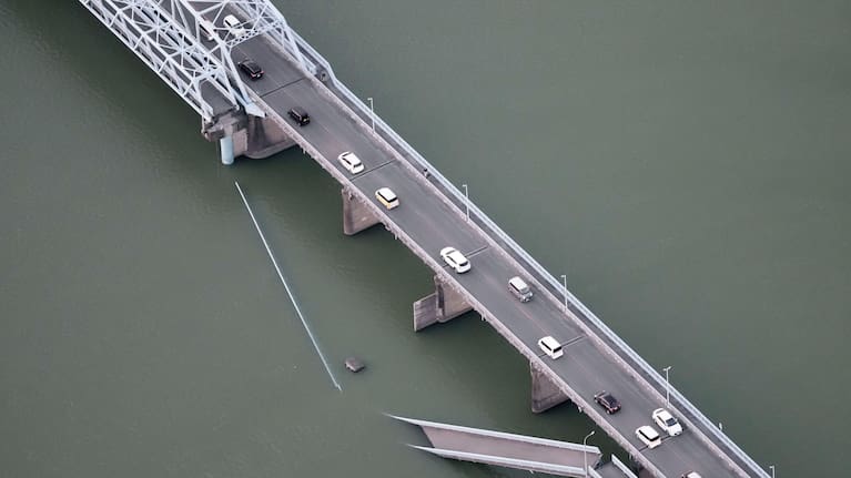 This aerial image shows a partially collapsed bridge after the earthquake in Yatsushiro, Kumamoto Prefecture.