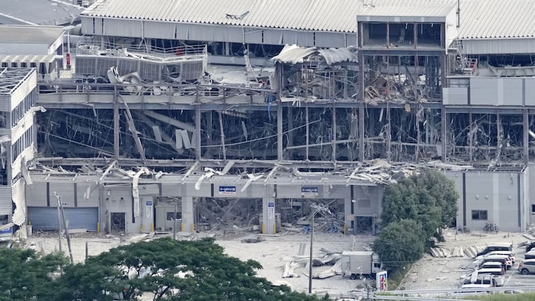 This aerial image shows AEON Mall, which was destroyed by an explosion following an earthquake, in Kashima, Kumamoto Prefecture, on Wednesday, July 29, 2026.