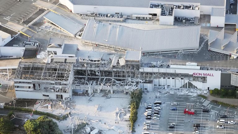 This aerial image shows the damaged AEON Mall after an earthquake in Kashima, Kumamoto prefecture, southern Japan, Tuesday, July 28, 2026.