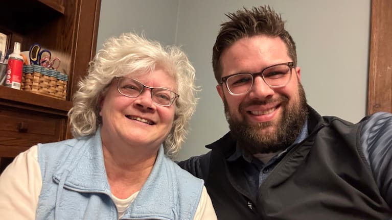 This photo provided by Kyle Bylin shows him with his biological mother, Liz O'Toole, April 4, 2025