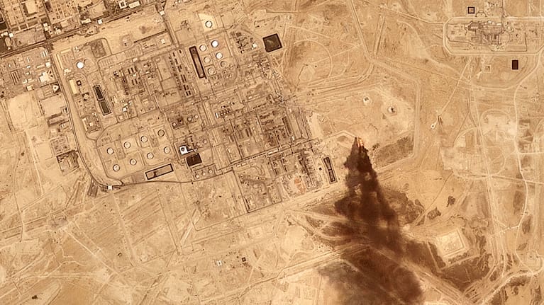 This satellite image provided by Planet Labs PBC on July 27, 2026 shows smoke rising from the Saudi Aramco oil processing facility in Abqaiq, Saudi Arabia, 2026.