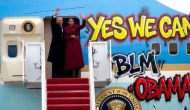 Trump posts doctored photo of Obamas with graffitied Air Force One