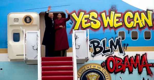 Trump posts doctored photo of Obamas with graffitied Air Force One