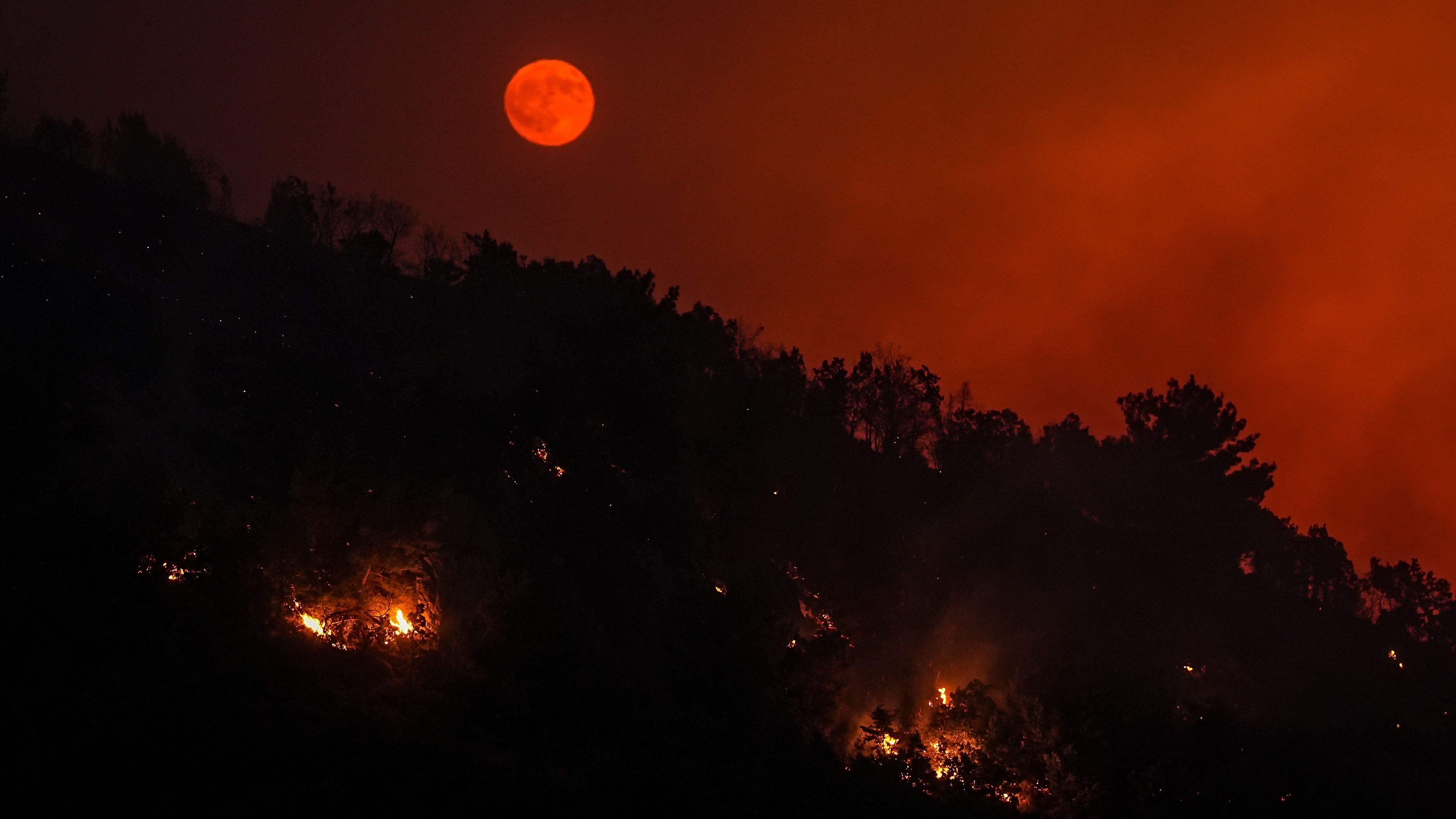 A red full moon rises above a hillside smouldering with flames at night, in a sky choked with smoke.